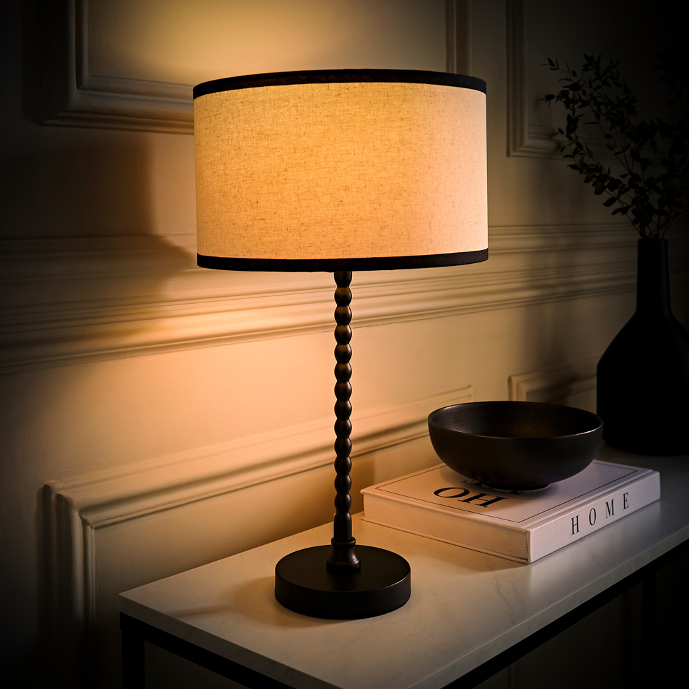 ValueLights Maeve Natural Linen Black Trim Drum Shade Bobbin Table Lamp and Bulb Image 6