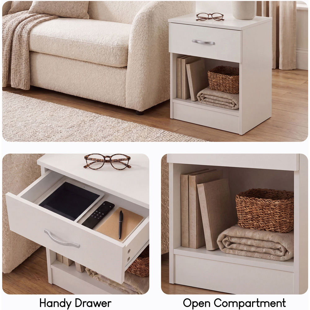 Vida Designs Riano Single Drawer Single Shelf White Melamine Finish Bedside Table Set of 2 Image 5