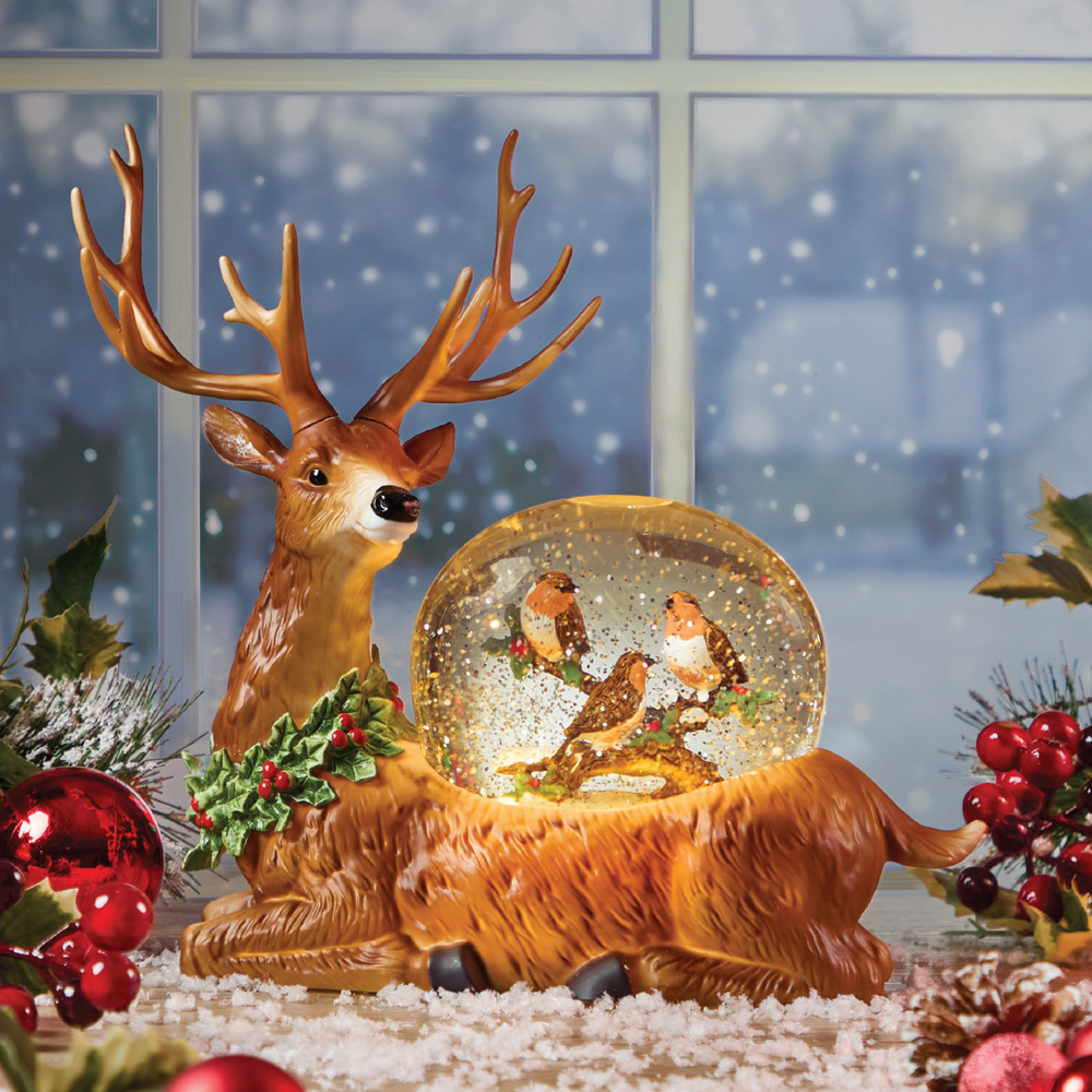 The Christmas Workshop Warm White LED Golden Reindeer and Robin Light Up Snow Globe 26cm Image 2