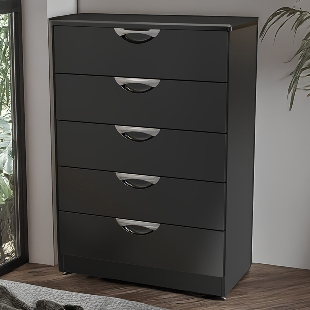 Crowndale Camden 5 Drawer Black Gloss and Black Chest of Drawers Ready Assembled Image 1