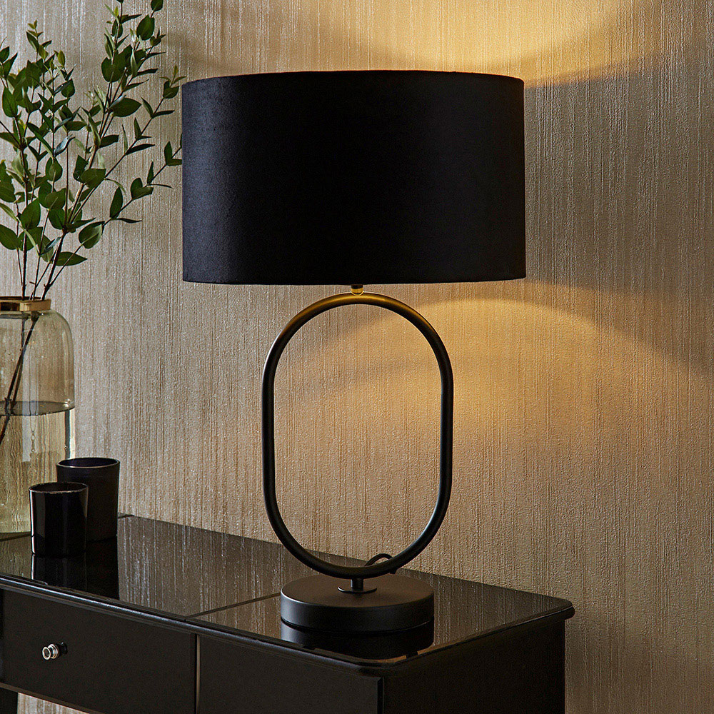 ValueLights Antonia Black Velvet and Gold Drum Shade Matte Black Oval LED Table Lamp Image 6