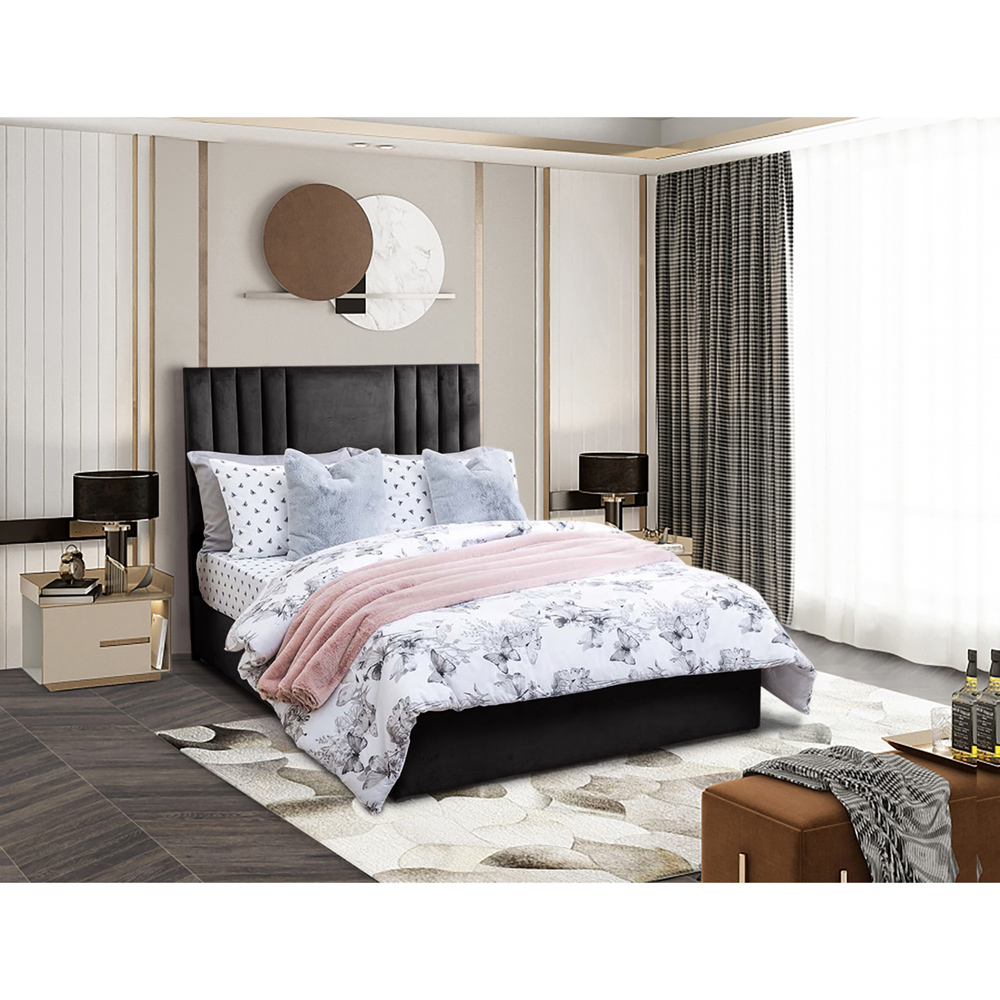 Eleganza Home Dreamer King Size Black Plush Divan Bed with Lined Headboard Image 2