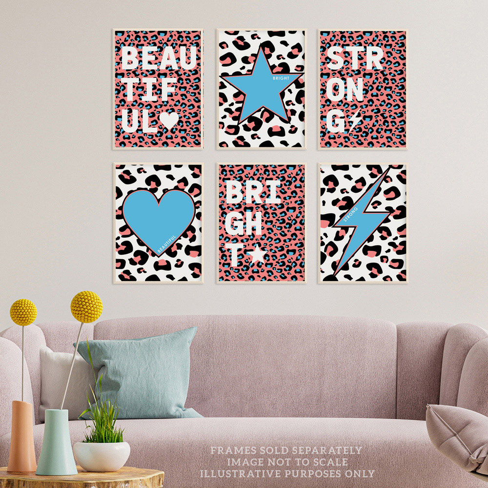 Wee Blue Coo Blue and Pink Leopard Pattern Bold Shapes Wall Art Print 30 x 41cm 6 Pack Image 2