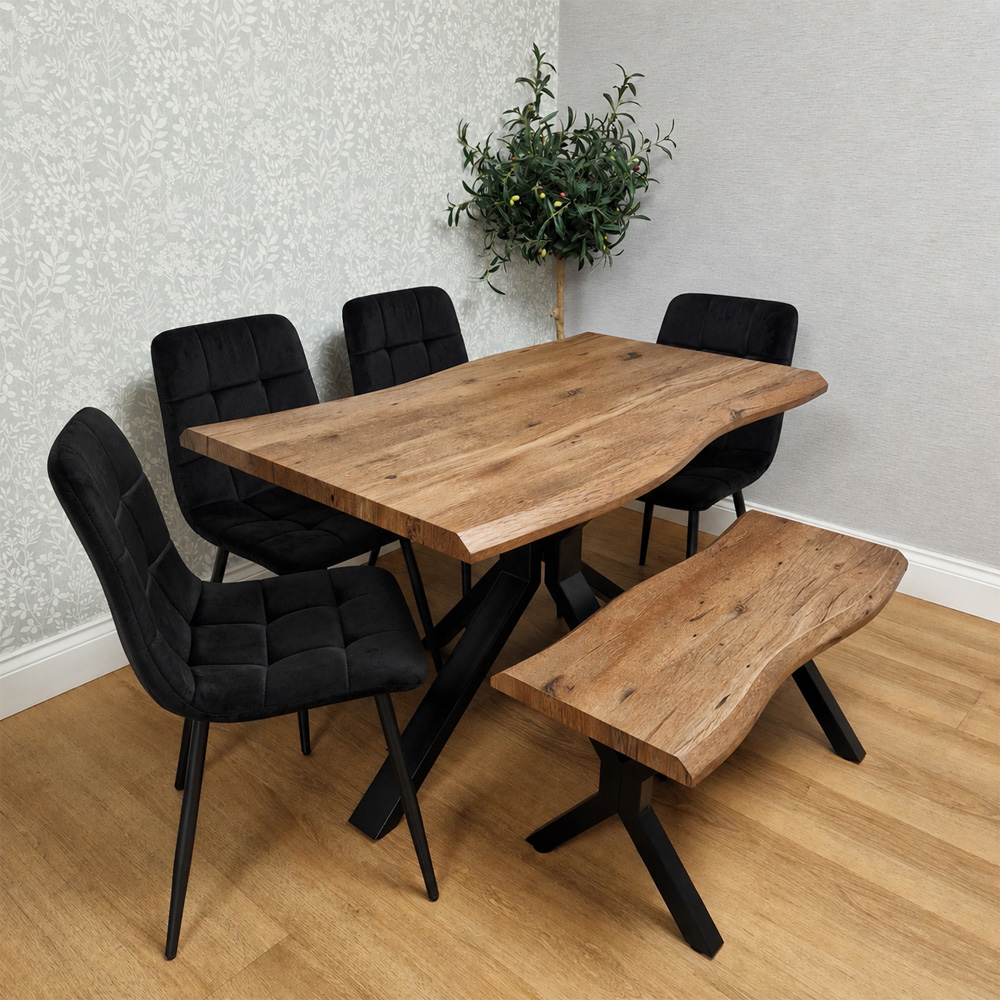 Kosy Koala 6 Seater Wooden Effect Velvet Dining Set with Bench Black Image 1