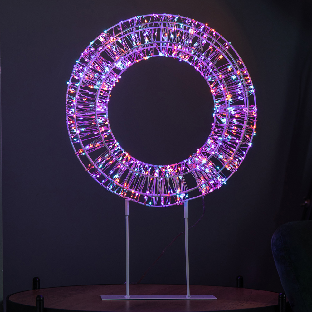 Samuel Alexander 720 Rainbow LED Light-Up Twinkling Silver Wreath with Metal Stand 45cm Image 1