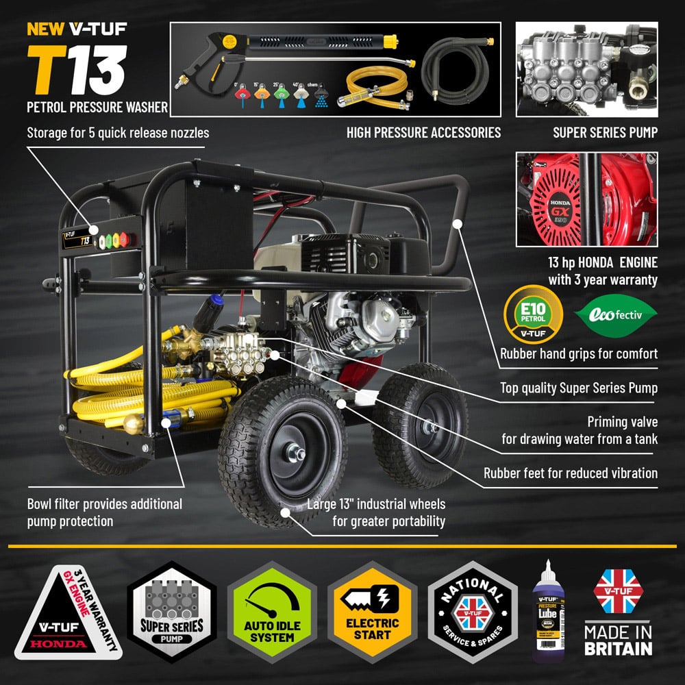 V-TUF T13 13HP Honda Driven Petrol Pressure Washer with Gearbox 200Bar Image 4