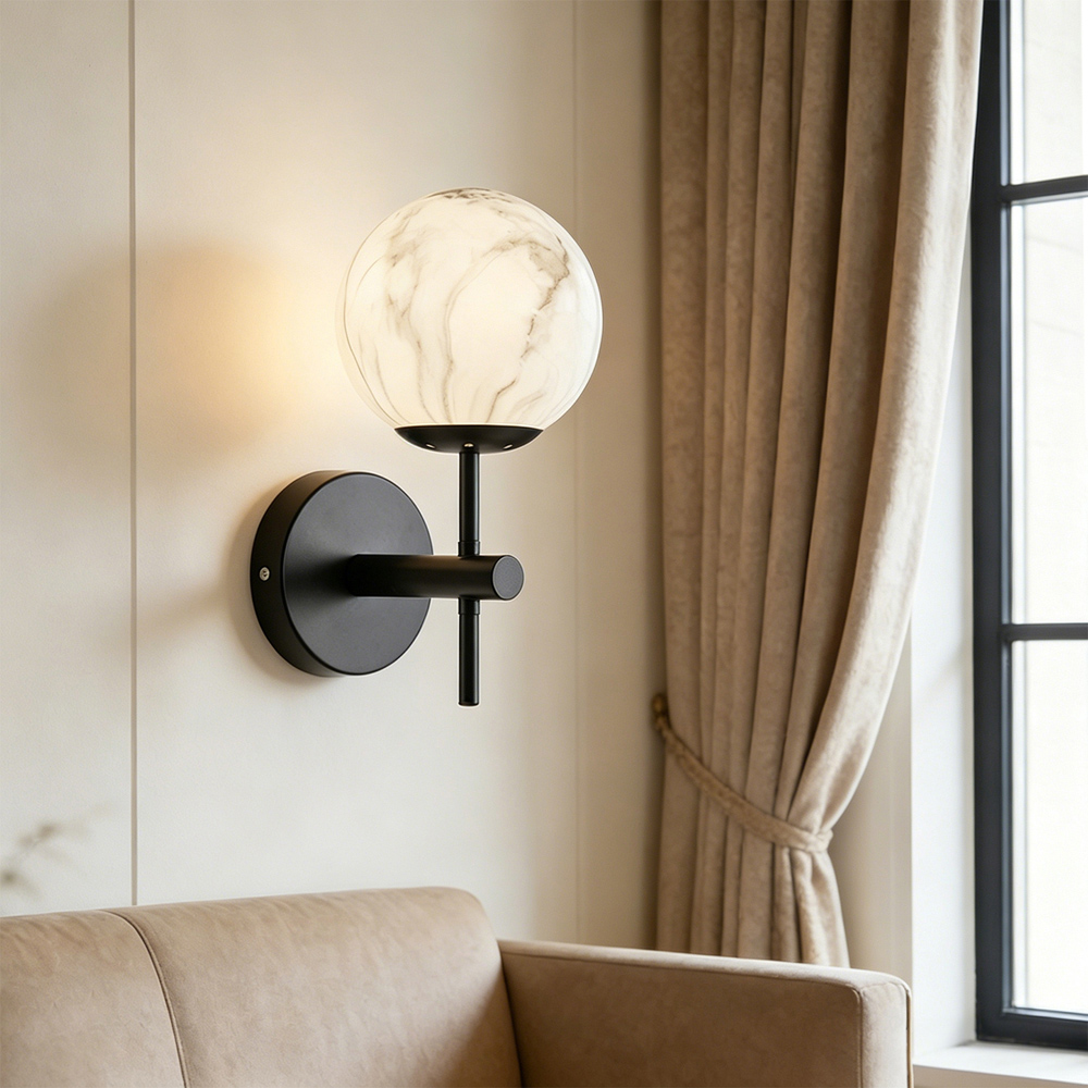 Living and Home E27 Screw Black Iron Marble Textured Glass Shade Wall Light 28cm Image 3
