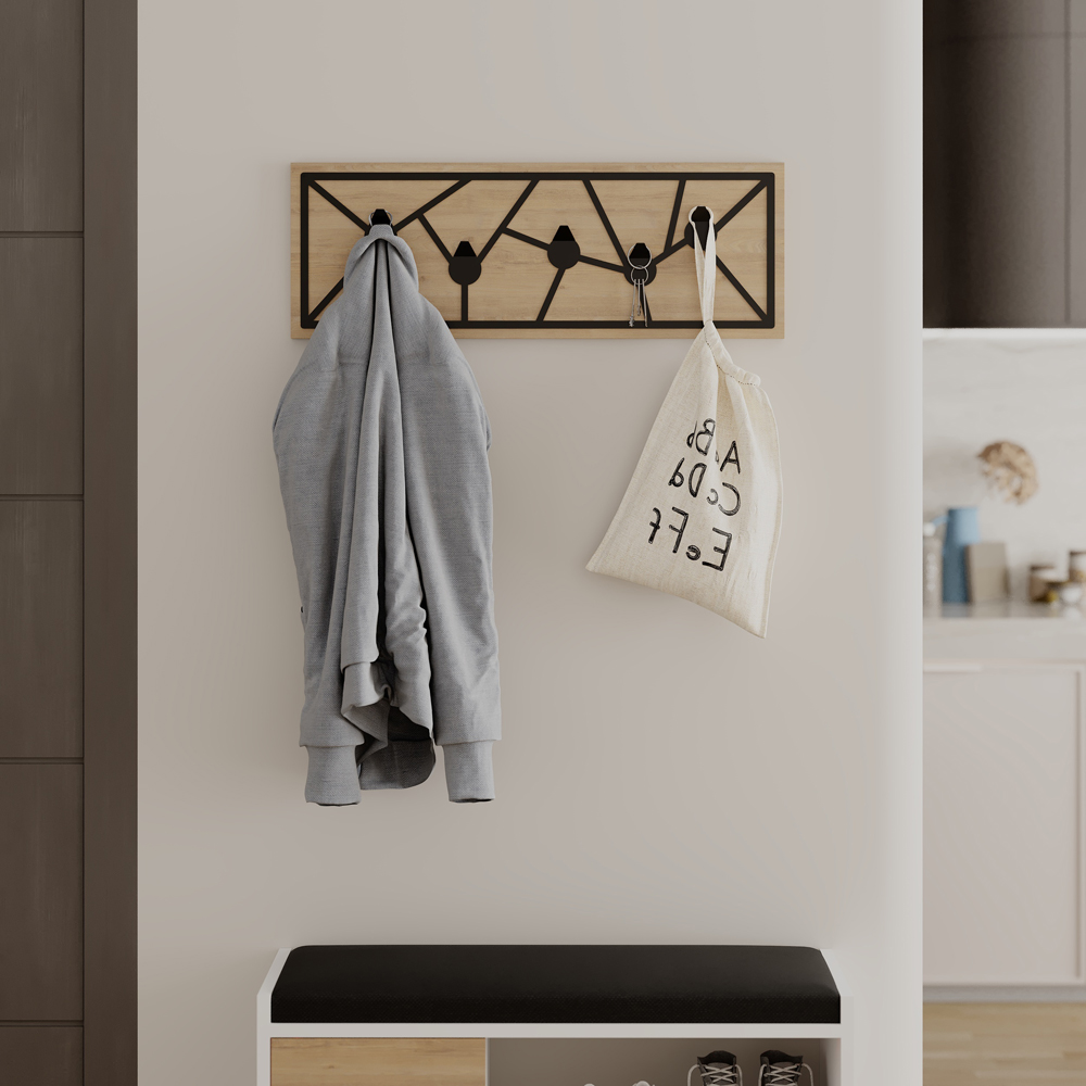 Decortie Trace Sapphire Oak Wall Hanger with Geometric Metal Hooks Image 5