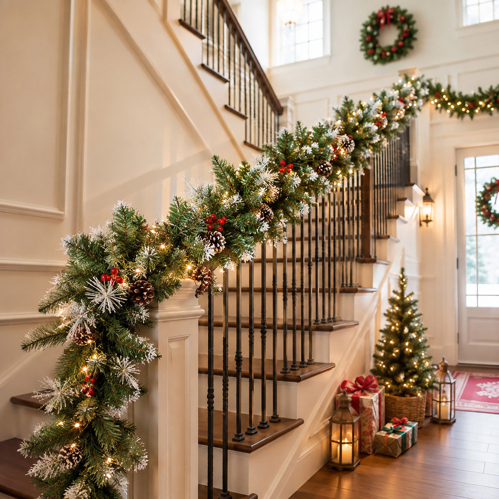 Abrihome 50 Warm White LED Snow-Dusted Artificial Christmas Garland with Pinecones and Berries 270cm Image 3