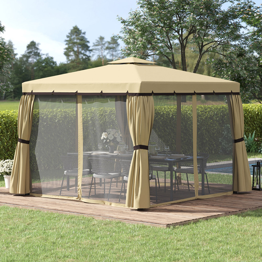 Outsunny 3.3 x 3.3m 2-Tier Beige Gazebo Shelter Tent Image 1