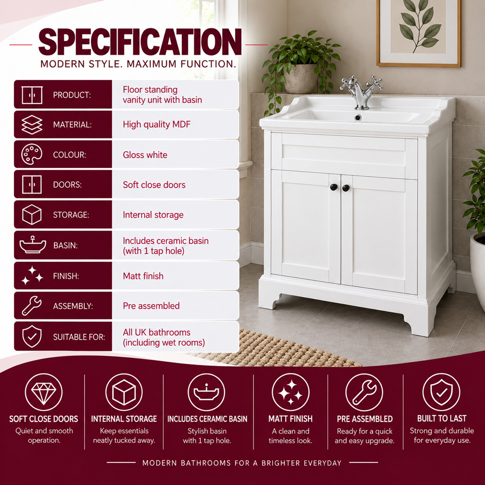 Go Bathrooms Arundel 2 Door Matt White Traditional Floorstanding Vanity Unit 800mm Image 7