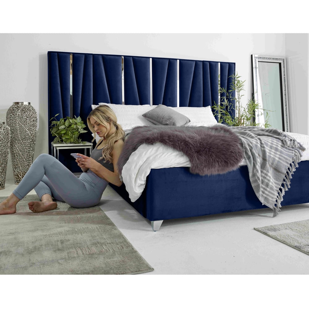 Eleganza Mila Double Blue Plush Velvet Bed Frame with Lined Headboard Image 2