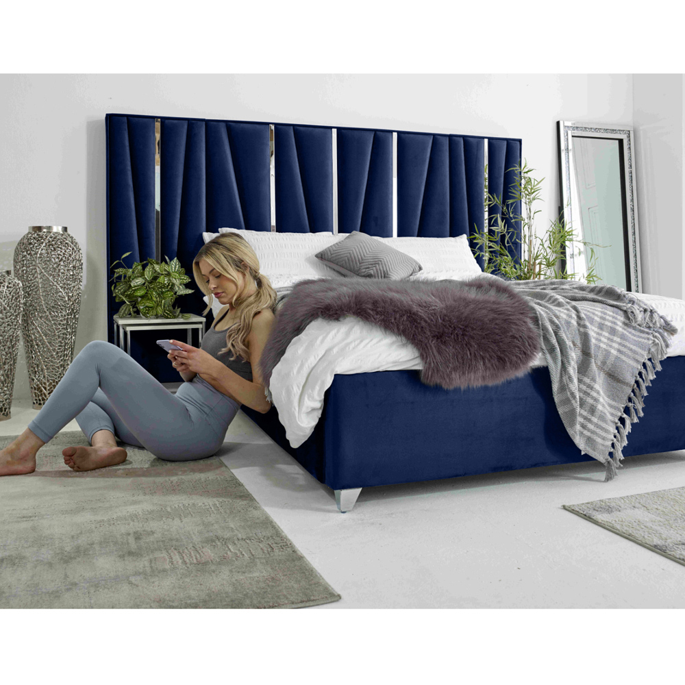 Eleganza Mila King Size Blue Plush Velvet Bed Frame with Lined Headboard Image 6