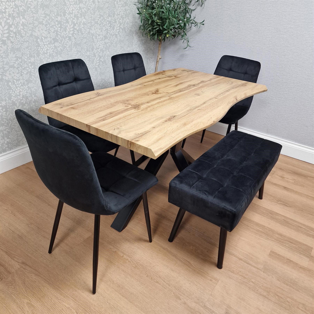 Portland 5 Seater Velvet Wooden Dining Set with Bench Brown and Black Image 2