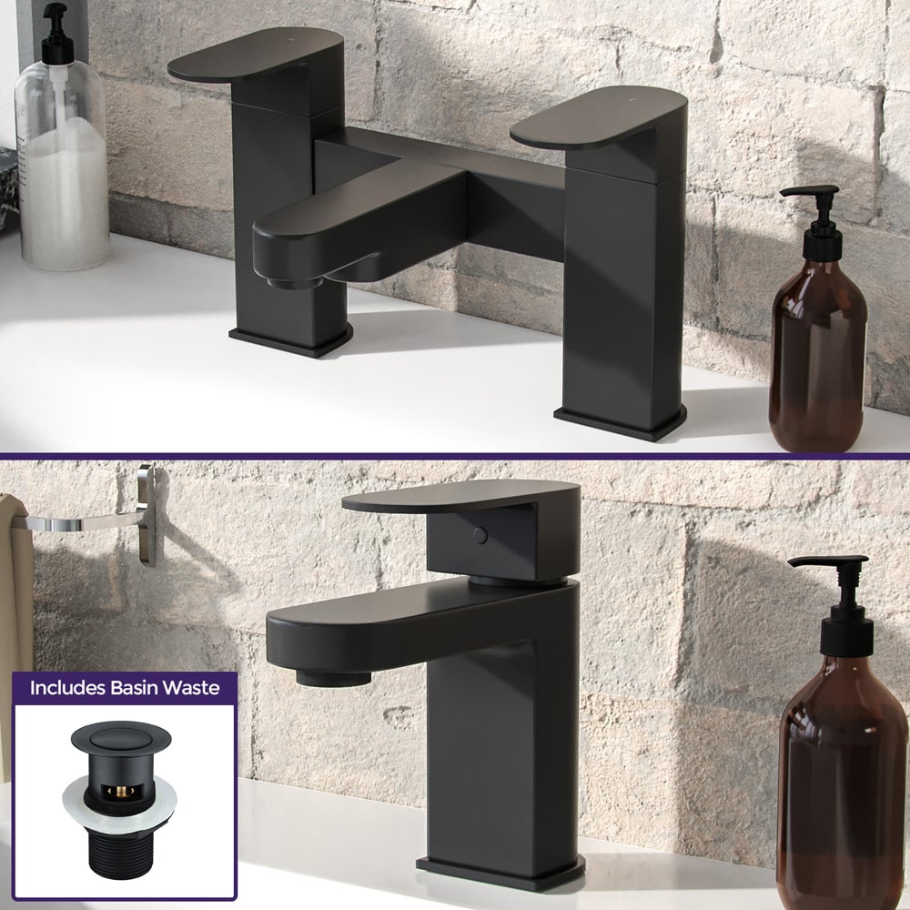 Nes Home Kento Matte Black Bath Shower Mixer and Basin Mixer Tap with Waste Image 4