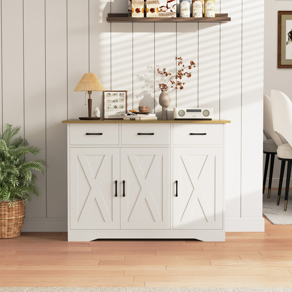 Living and Home 3 Door 3 Drawer White and Wood X-Pattern Sideboard Image 7