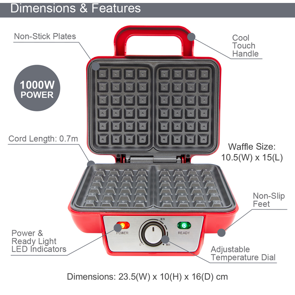 Global Gizmos Red Dual Waffle Maker Image 3