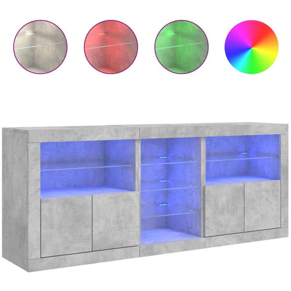 vidaXL Concrete Grey Wooden Sideboard with LED Lights 3 Piece Image 8