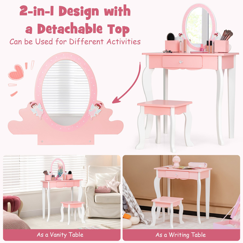 Costway Single Drawer Kids Pink Dressing Table and Stool Set with Mirror Image 5