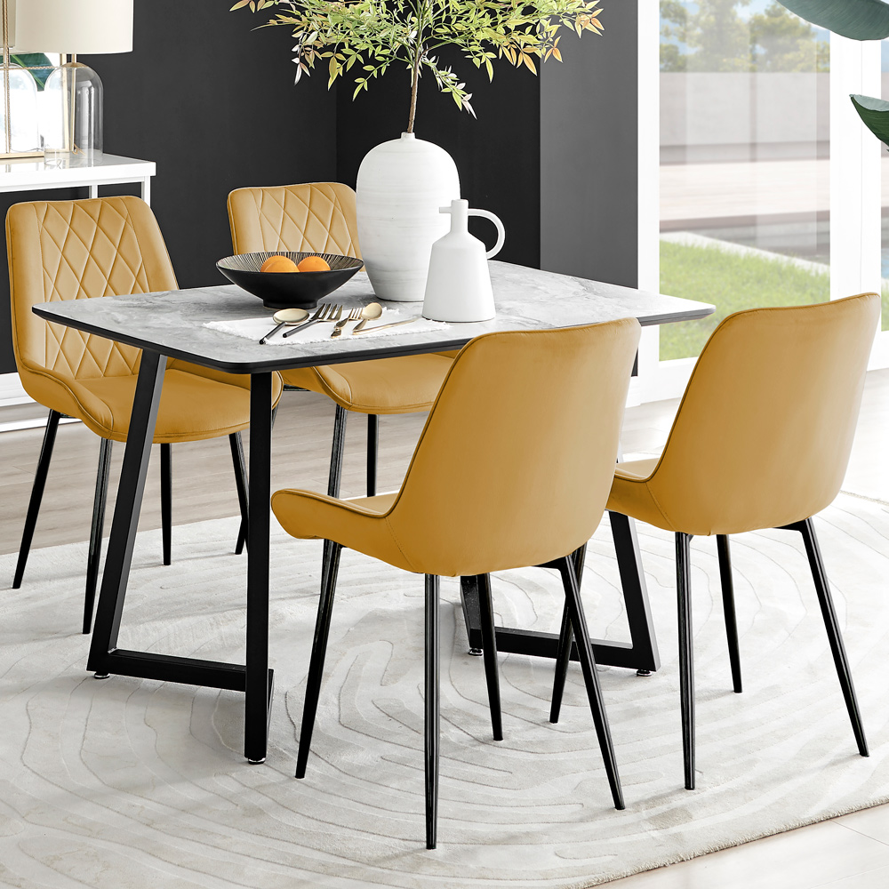 Furniturebox Copeland Cesano Marble Effect 4 Seater Dining Set White Mustard and Black Image 1