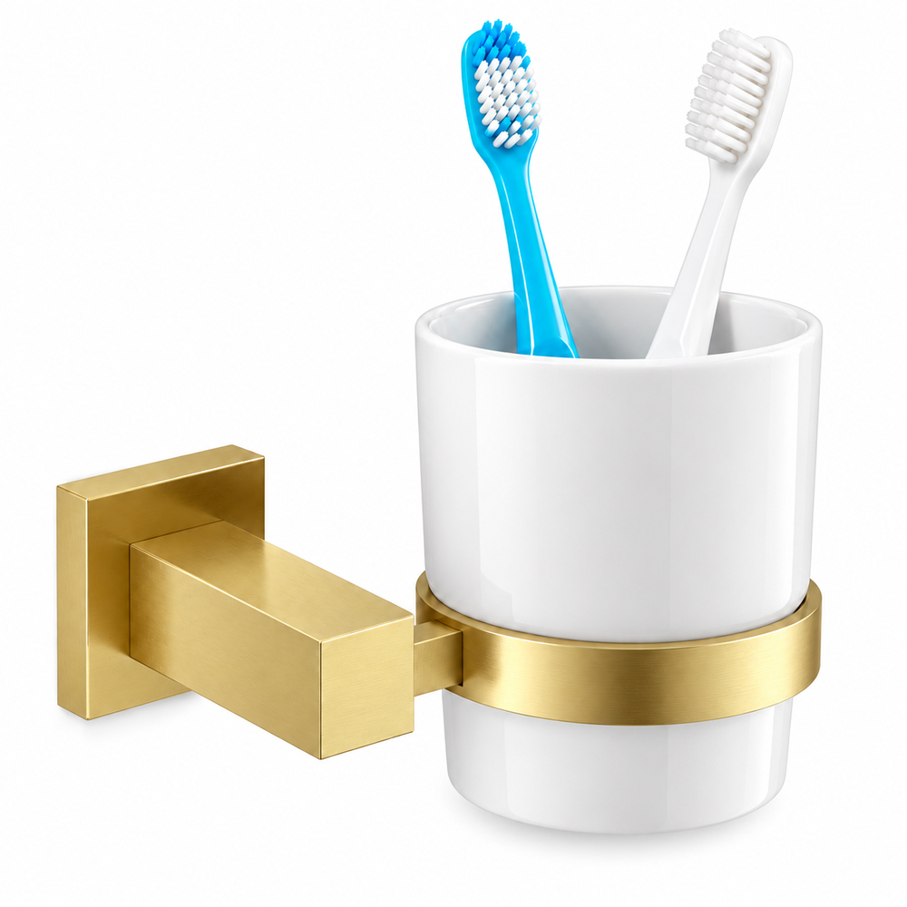 Go Bathrooms Froma Brushed Gold Wall Mounted Ceramic Tumbler with Holder Image 2