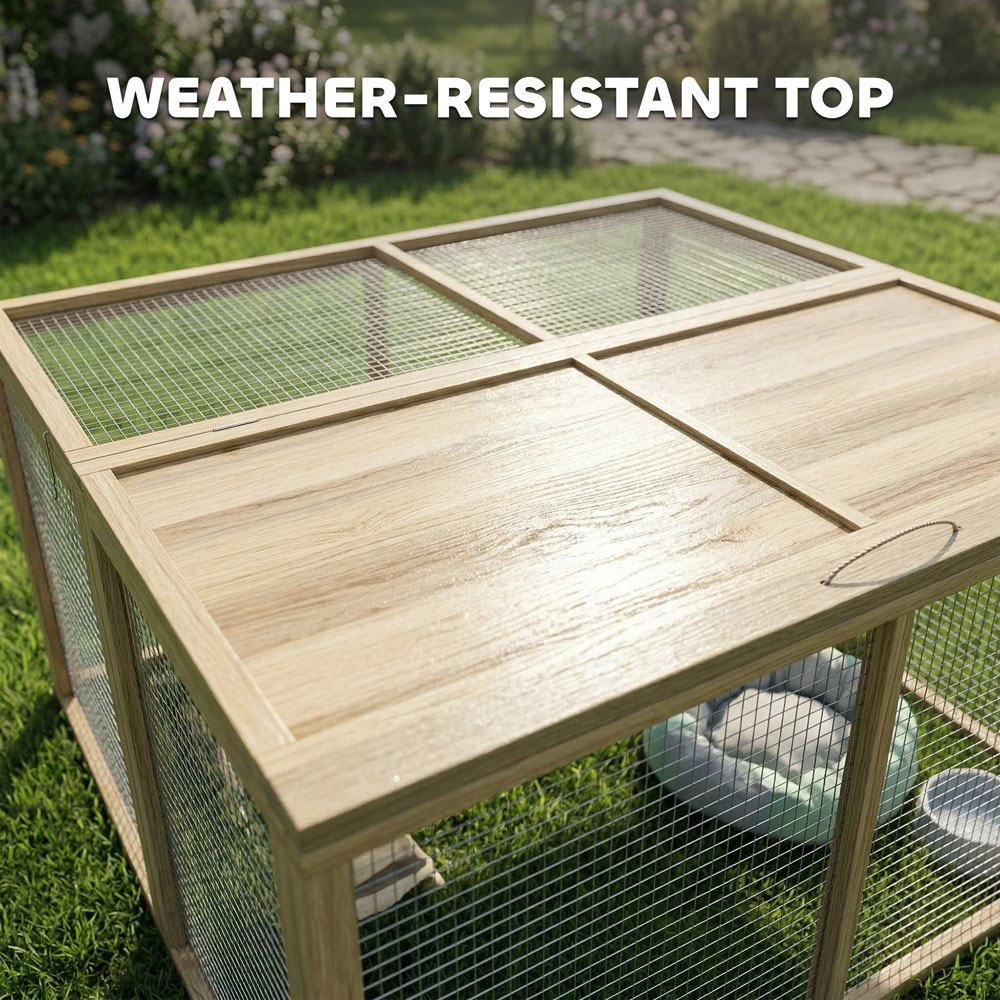 PawHut Natural Folding Wooden Rabbit Hutch with Openable Top Image 7