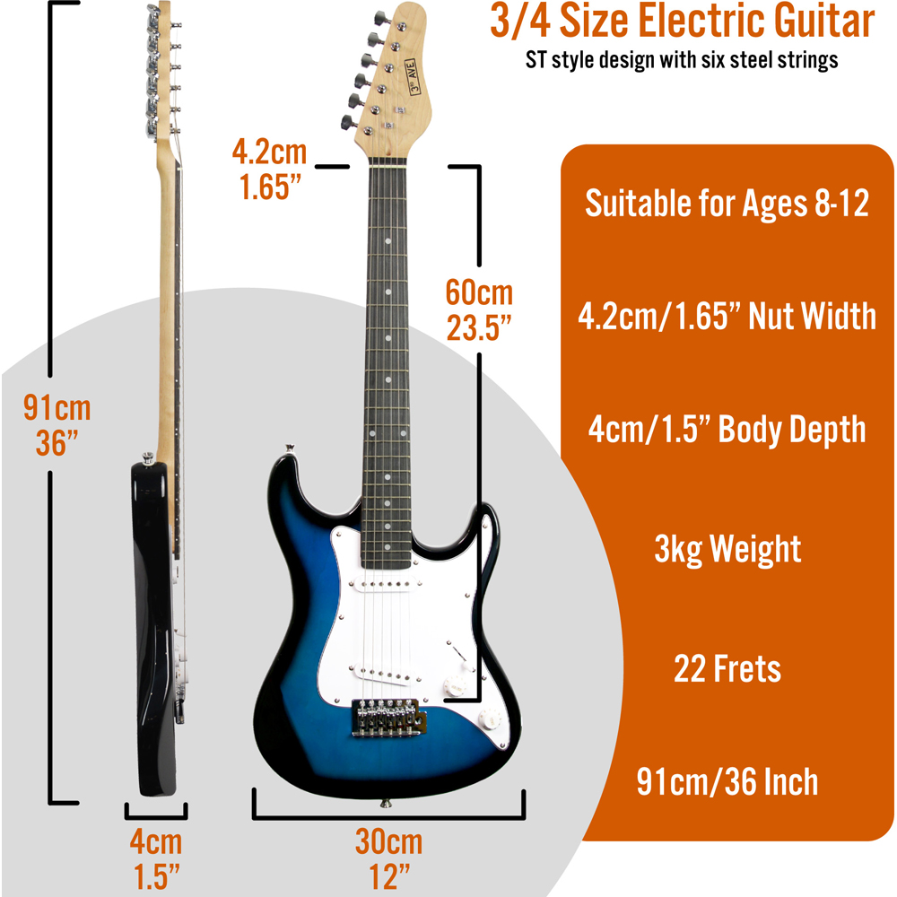 3rd Avenue Blueburst 3/4 Size Electric Guitar Set Image 6