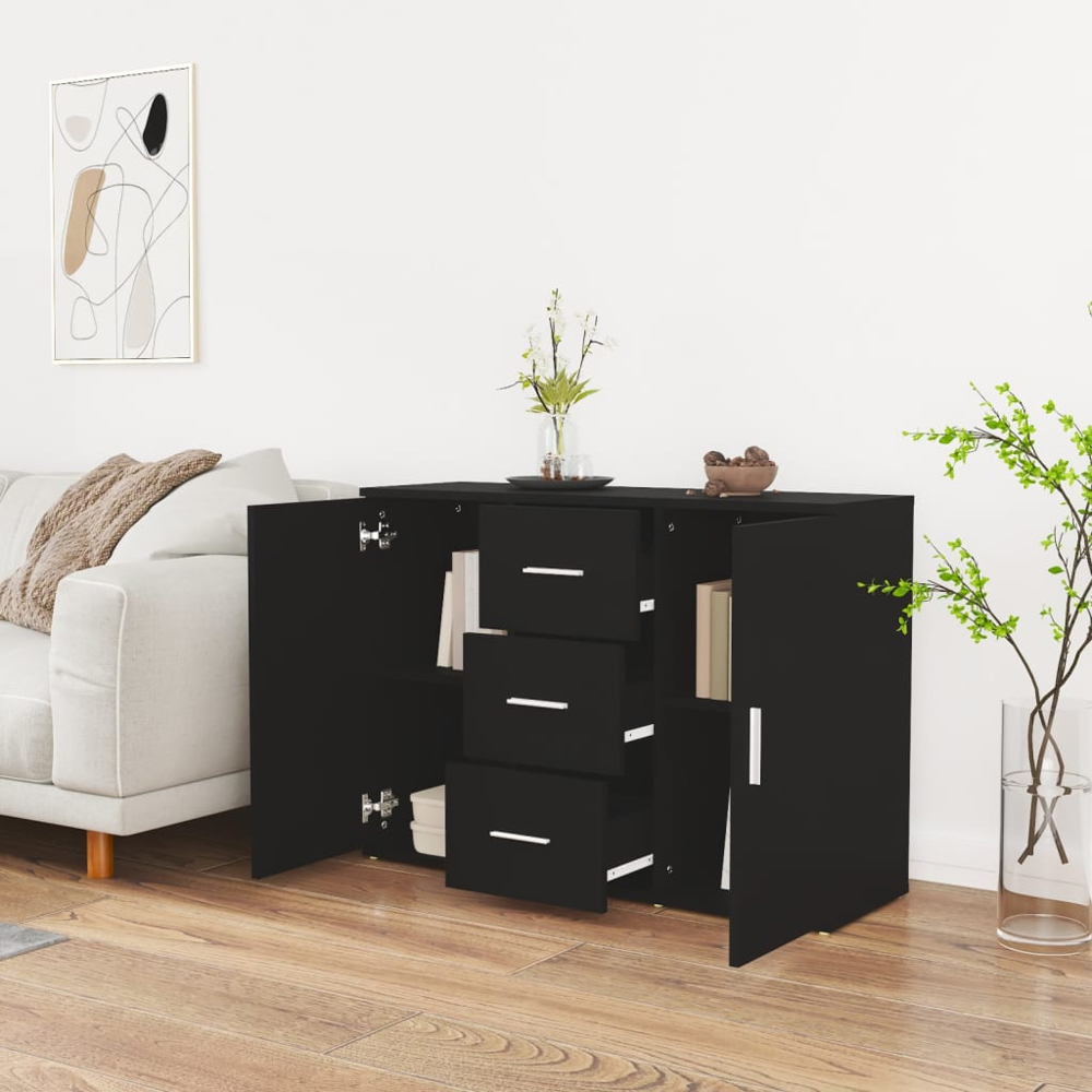 vidaXL 2 Door 3 Drawer Black Wooden Sideboard Image 7