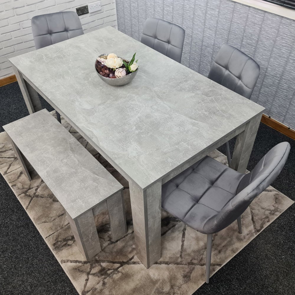 Portland Velvet 6 Seater Dining Set with Bench Stone Grey and Grey Image 1