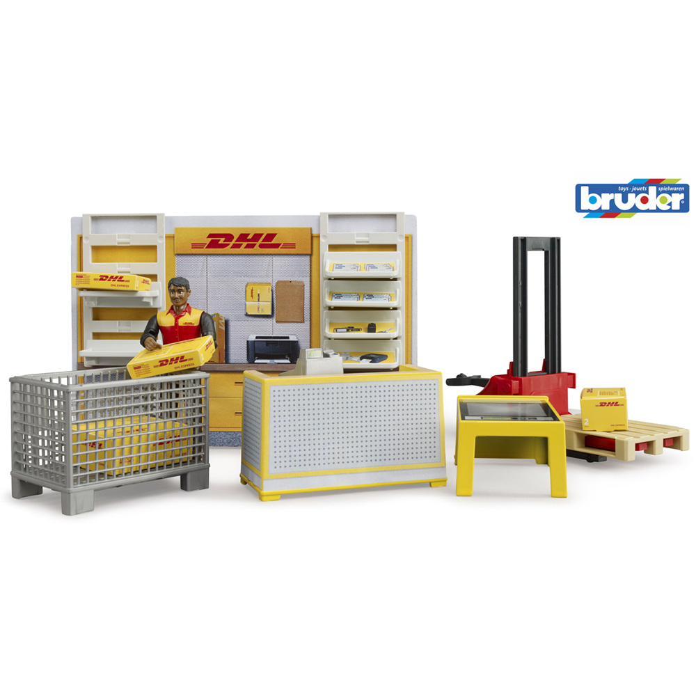 Bruder Bworld DHL Shop with Hand Pallet Truck Parcel Counter Cash Register and Worker Figure Image 7