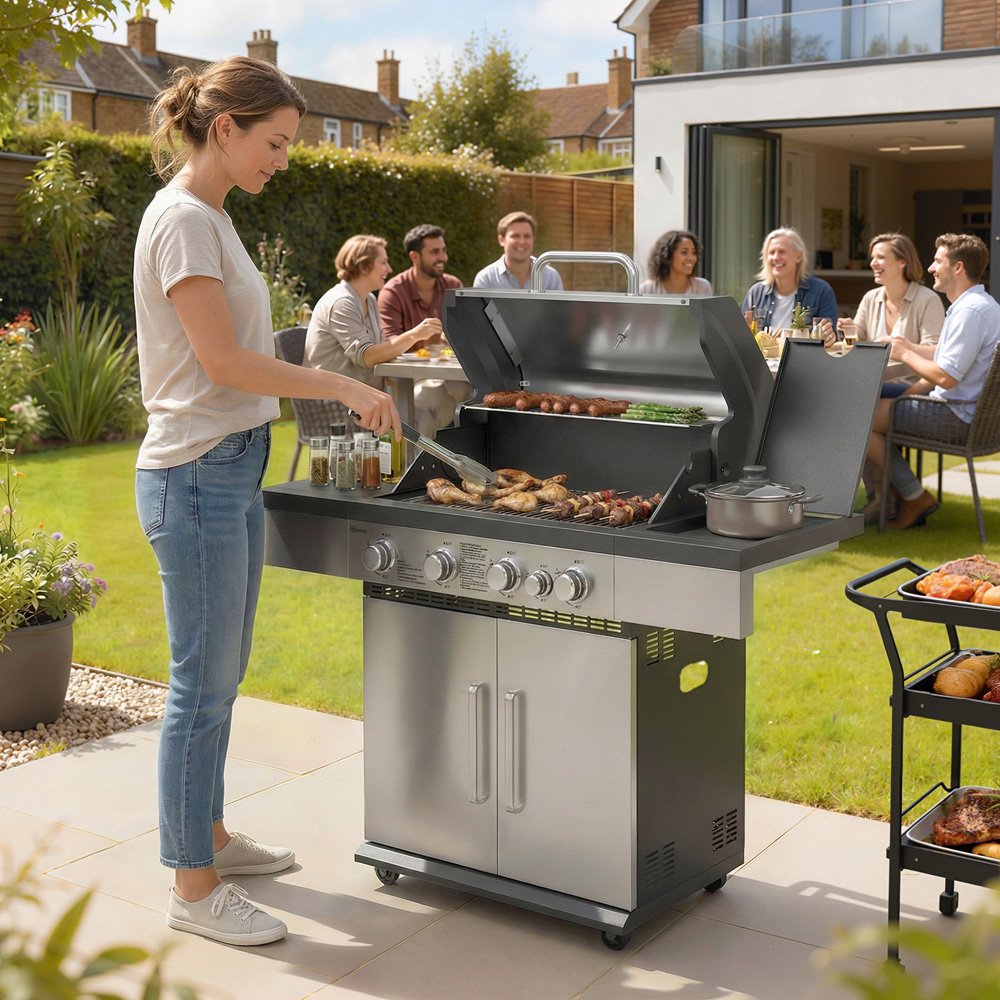 Outsunny Silver and Black 4+1 Burner Portable Gas BBQ Grill with Side Table Image 2