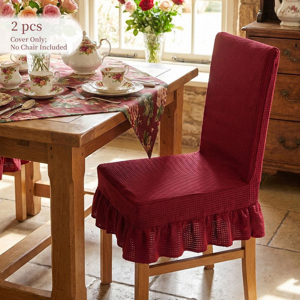 Living and Home Red Dining Chair Cover with Ruffled Skirt and Fabric Tie Set of 2 Image 2