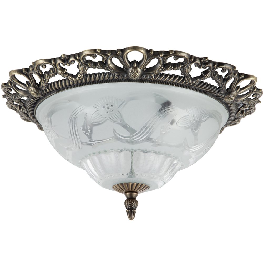 Happy Homewares Traditional and Classic Antique Brass Floral Glass Flush Ceiling Light Image 1