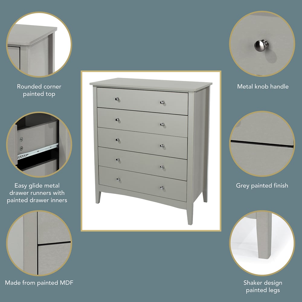 Core Products Como 5 Drawer Grey Chest of Drawers Image 6