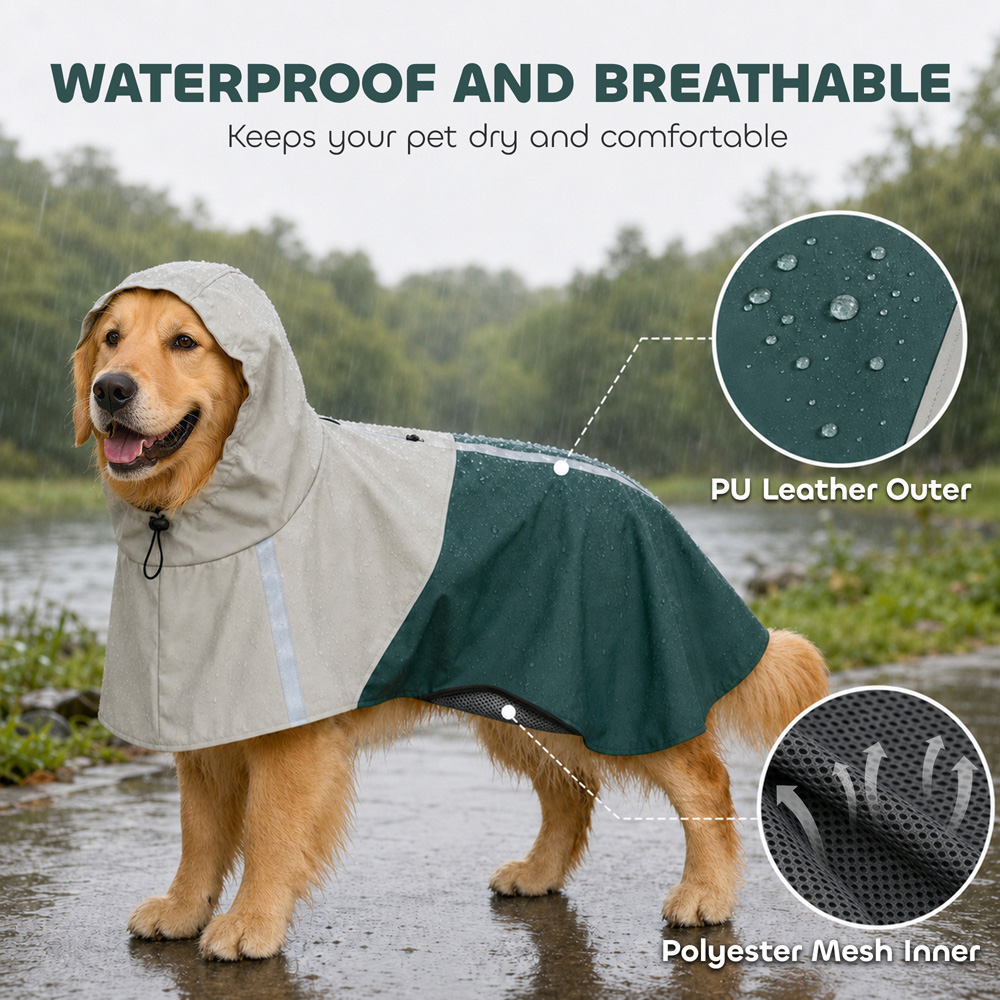 PawHut Green Dog Raincoat with Hood Large Image 5
