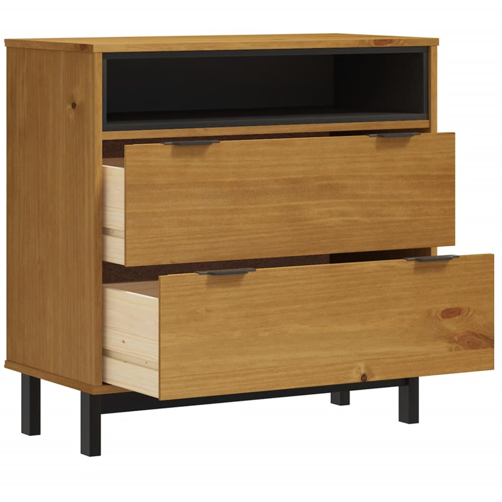 vidaXL Flam 2 Drawer Single Open Shelf Brown Solid Wood Pine Storage Cabinet Image 4