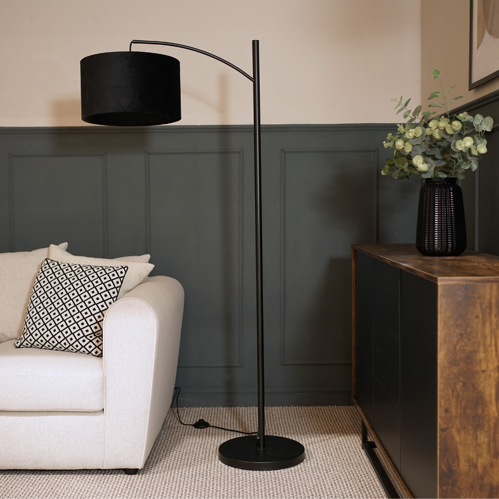 ValueLights Preto Black Velvet Shade Metal LED Floor Lamp Image 2