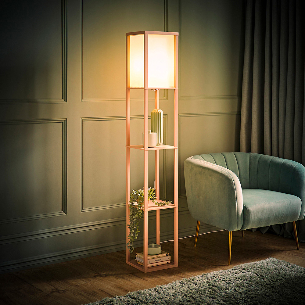 ValueLights Struttura Fabric Shade Yellow Shelving Unit Floor Lamp with Bulb Image 2