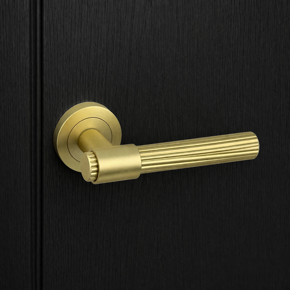AXS Hardware Nevada Satin Brass Latch Door Handles on Rose Image 2