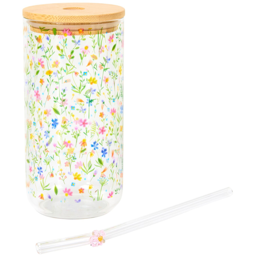 Wildflower Drinking Jar with Lid and Straw Clear Image 2