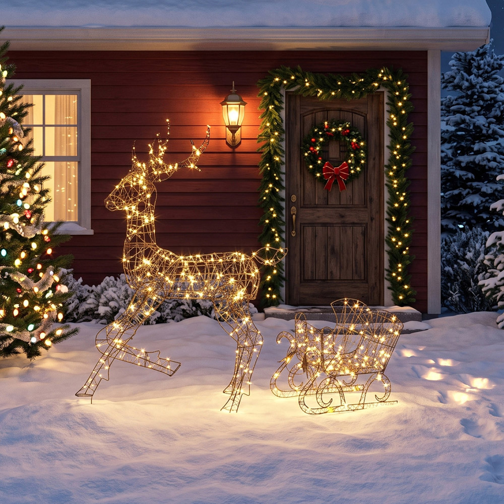 Outsunny 175 Warm White LED 2-Piece Reindeer and Sleigh Set Outdoor Christmas Decoration Image 4