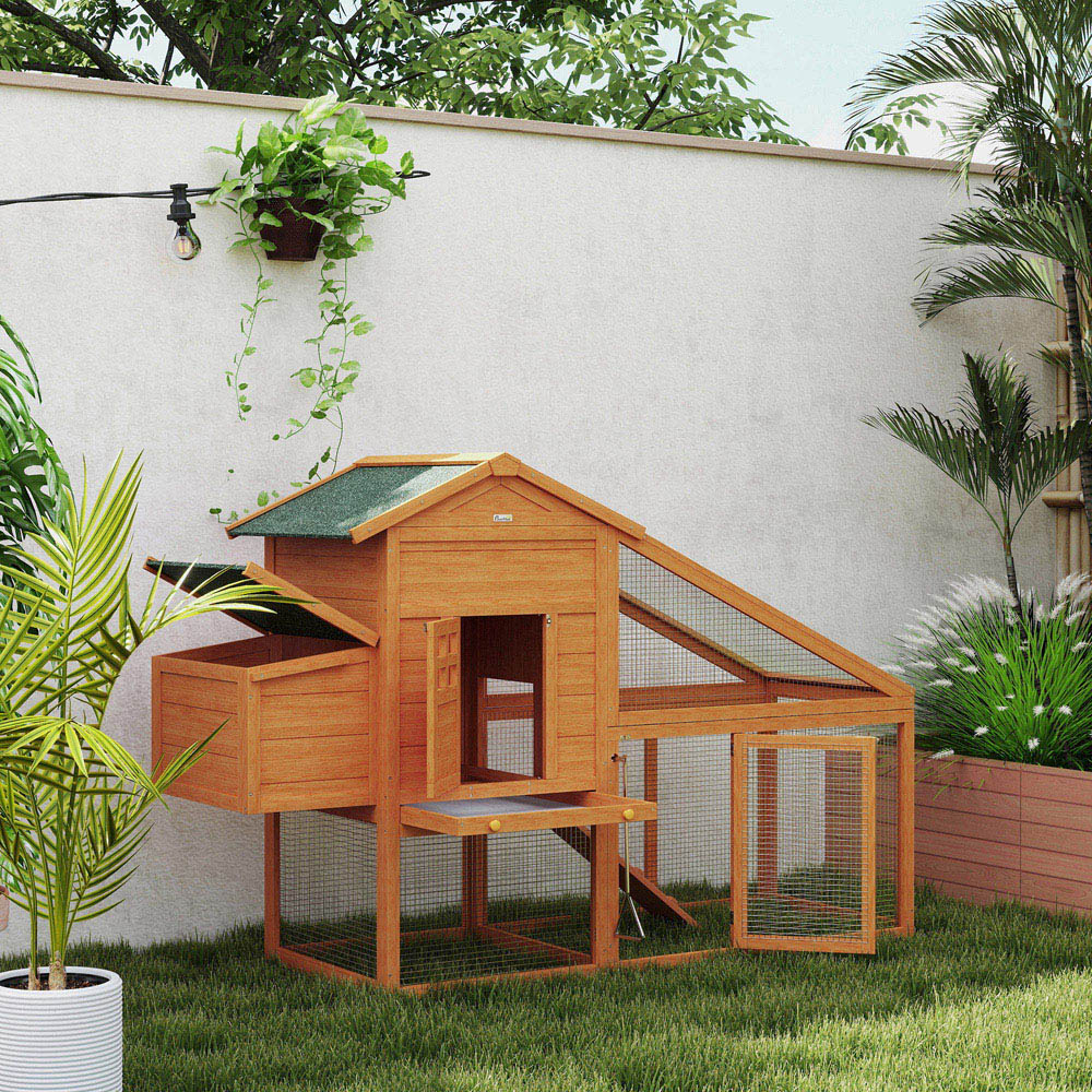 PawHut Chicken Coop with Run Nesting Box Slideout Tray and Ramp Image 3
