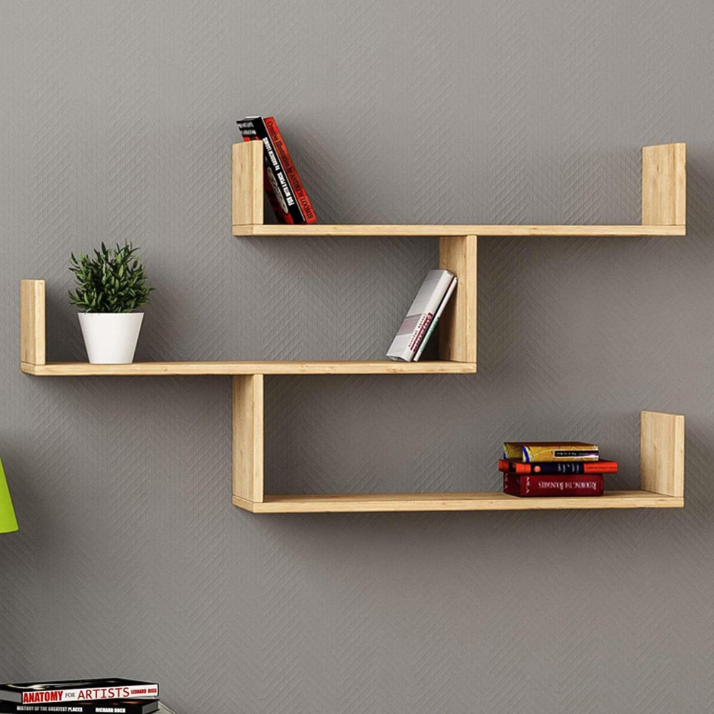 Decortie Tibet 3 Shelf Oak Modern Wall Mounted Bookcase Image 1