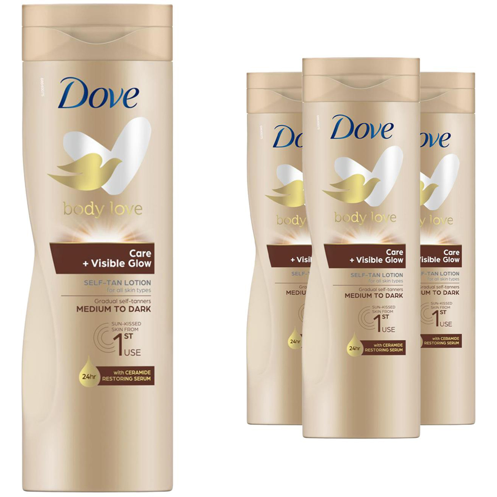 Dove Visible Glow and Care Medium to Dark Self Tan Lotion 400ml 4 Pack Image 1