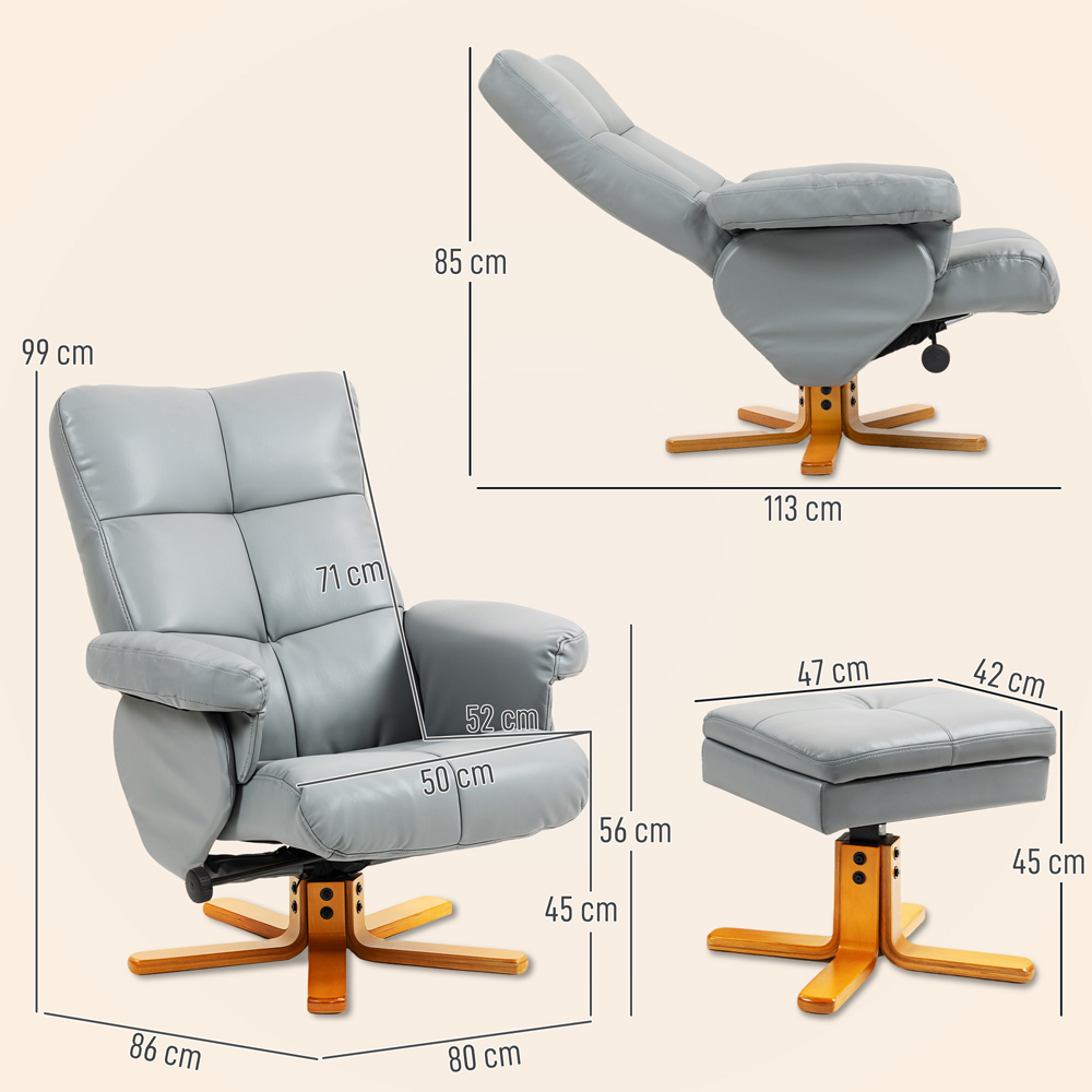 Portland Light Grey PU Leather Wooden Base Swivel Recliner Chair with Ottoman Image 9