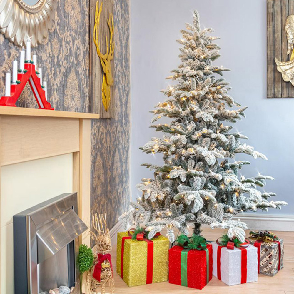 Shatchi Pre Lit Flocked Snow Covered Luxury Hinged Christmas Tree 7ft Image 2