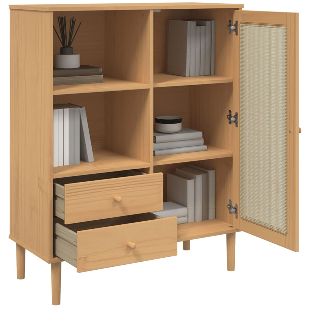 vidaXL Senja Single Door 2 Drawer 2 Shelf Brown Solid Pine Wood Rattan Look Highboard Image 4