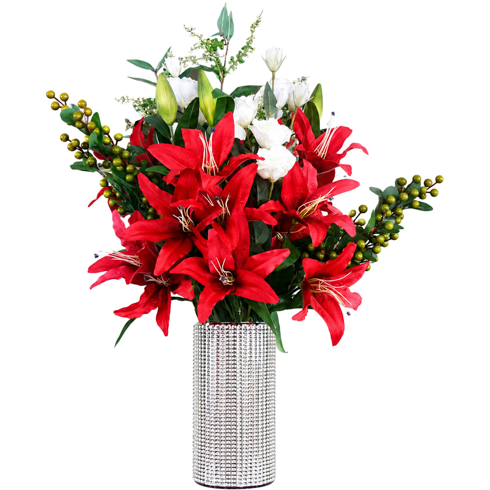 Leaf Red Lily Artificial Flower Bundle with Silver Glass Vase 80cm 12 Pack Image 1