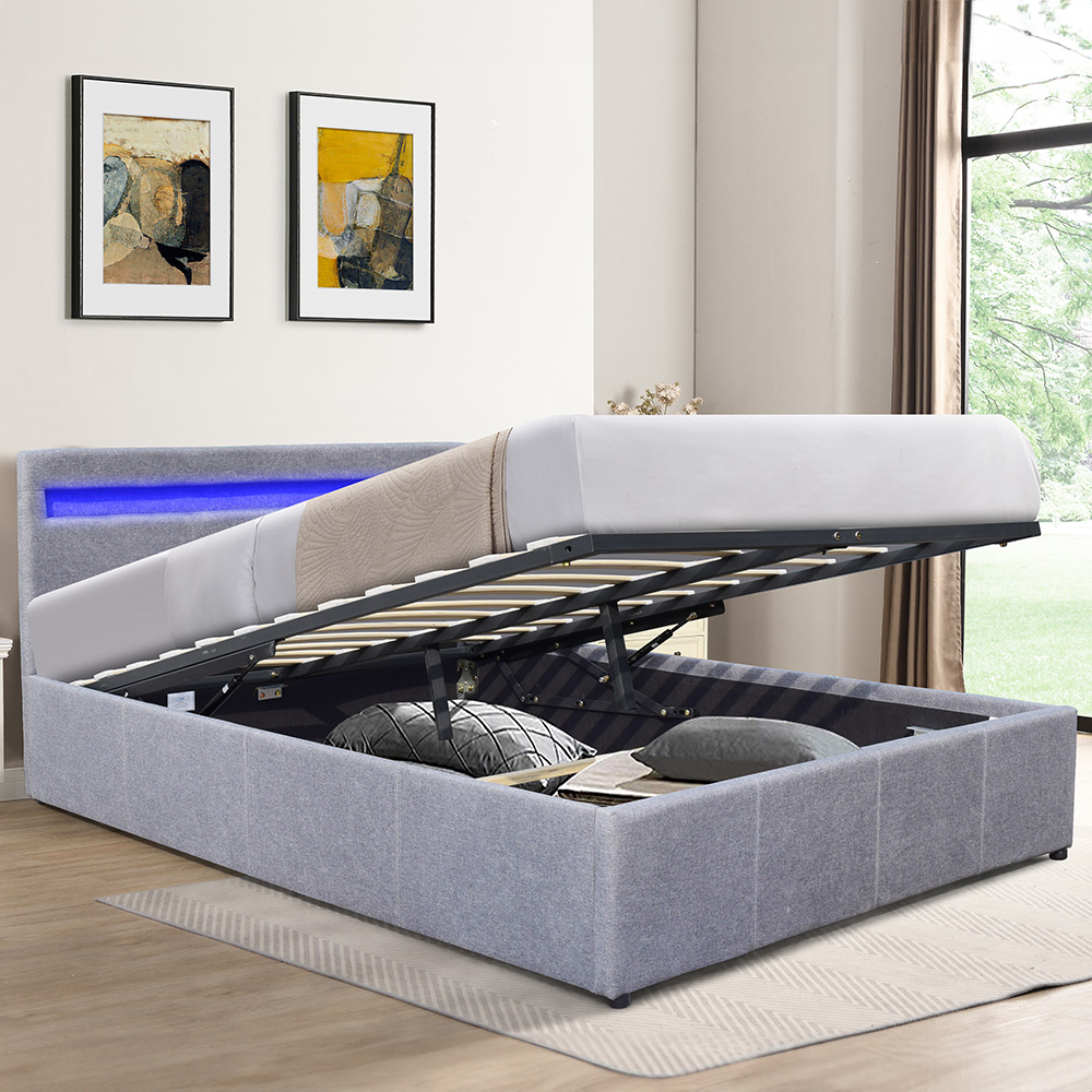 Comfy Living Double Light Grey Ottoman Bed Frame with LED Image 1