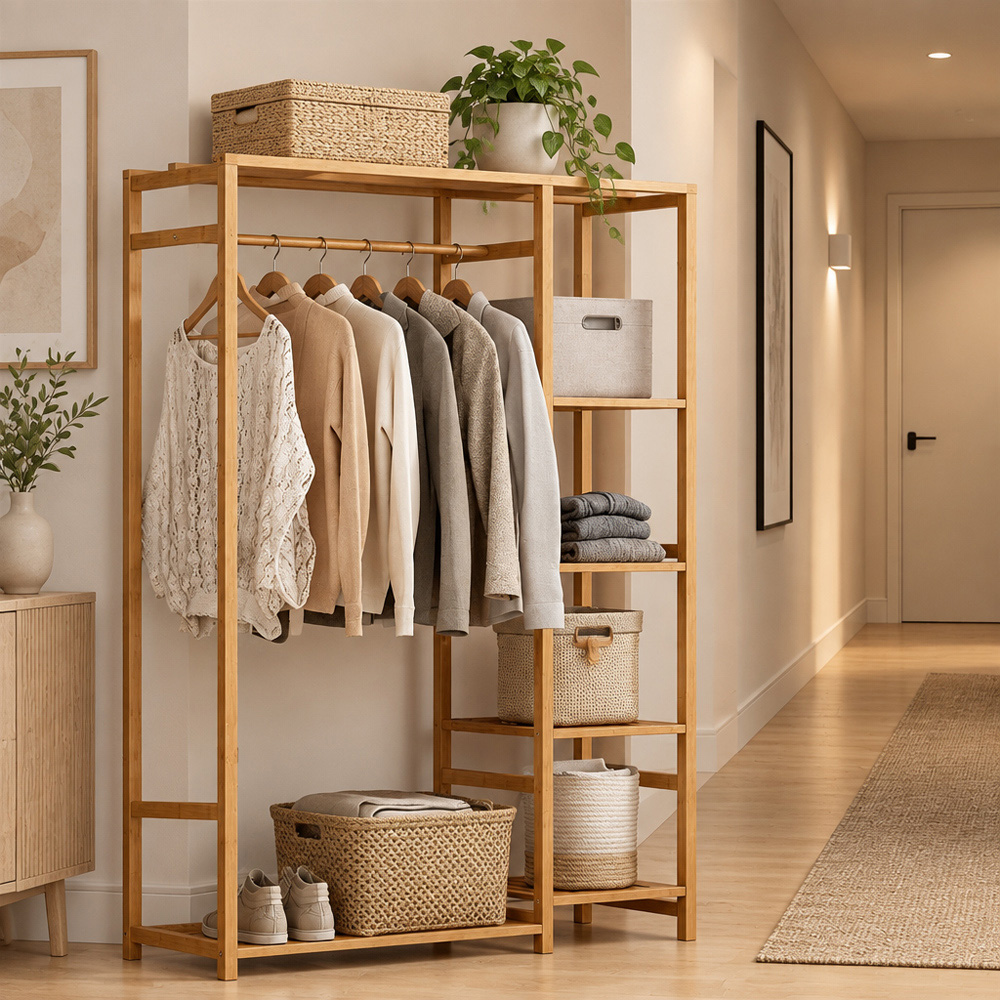Modcraft Large 5 Shelf Bamboo Garment Rack with Clothes Rail Image 3